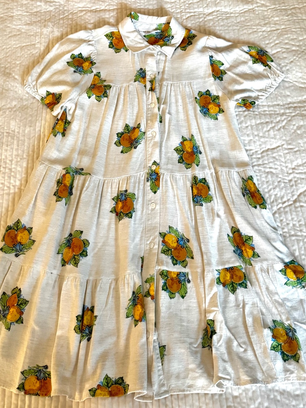 Jane+Delancey Cream Tiered Button-Front Dress with Yellow Orange Lemon Print